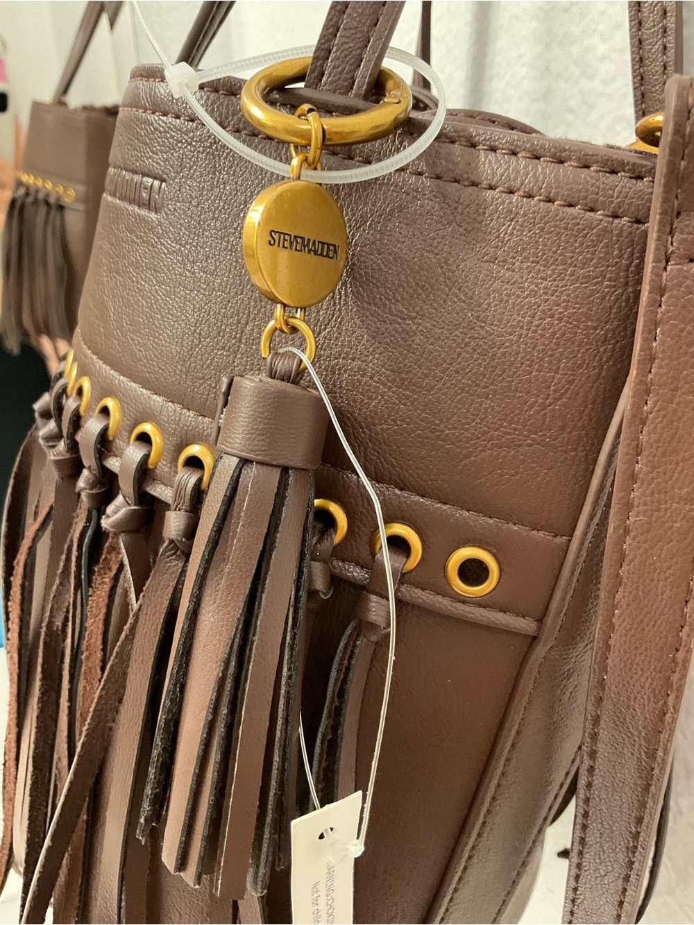 NWT Steve Madden Brown Fringe Bucket Shoulder Bag with Tassel - Picture 5 of 12